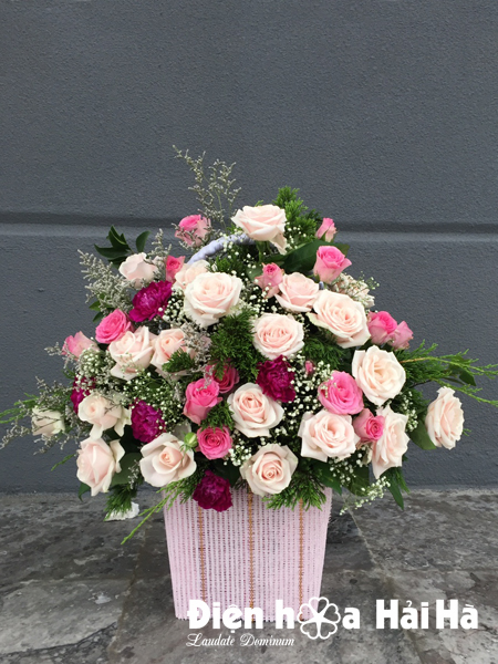 Lẵng hoa SN2001 hoa hồng hoa lan hồ điệp trắng kết hợp cùng cẩm tú cầu