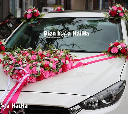 Bộ hoa giả trang trí xe cưới hồng sen hồng phấn (2)