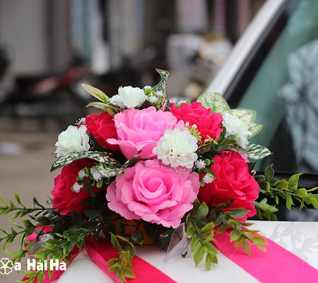 Bộ hoa giả trang trí xe cưới hồng sen hồng phấn (4)