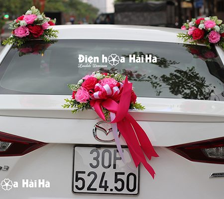 Bộ hoa giả trang trí xe cưới hồng sen hồng phấn (7)