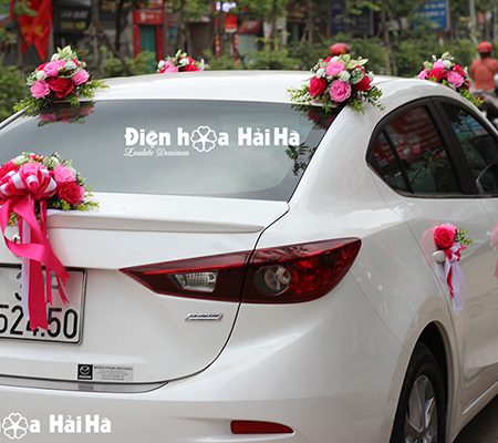 Bộ hoa giả trang trí xe cưới hồng sen hồng phấn (8)