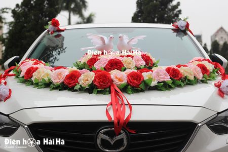 Bộ hoa giả trang trí xe cưới hình vòng cung đôi chim mã XHG-059 bền đẹp (10)