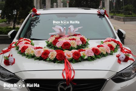 Bộ hoa giả trang trí xe cưới hình vòng cung đôi chim mã XHG-059 bền đẹp (2)