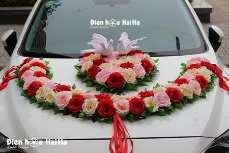 Bộ hoa giả trang trí xe cưới hình vòng cung đôi chim mã XHG-059 bền đẹp (3)