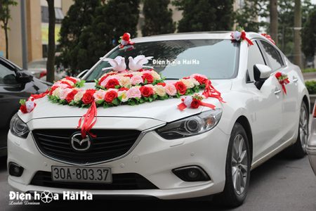 Bộ hoa giả trang trí xe cưới hình vòng cung đôi chim mã XHG-059 bền đẹp (4)