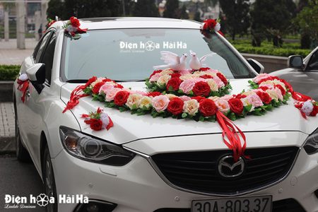 Bộ hoa giả trang trí xe cưới hình vòng cung đôi chim mã XHG-059 bền đẹp (5)