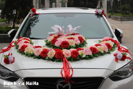 Bộ hoa giả trang trí xe cưới hình vòng cung đôi chim mã XHG-059 bền đẹp (8)