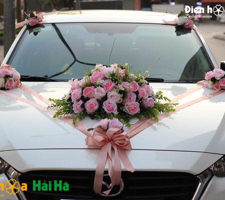 Bộ hoa xe cưới bằng lụa cụm hoa hồng phấn sang trọng mã XHG-097 (2)