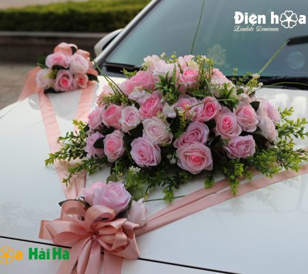 Bộ hoa xe cưới bằng lụa cụm hoa hồng phấn sang trọng mã XHG-097 (3)