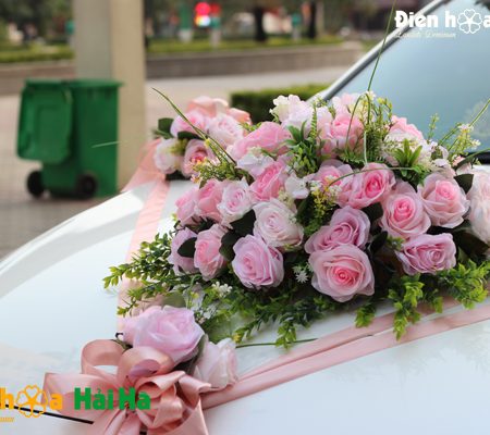 Bộ hoa xe cưới bằng lụa cụm hoa hồng phấn sang trọng mã XHG-097 (6)