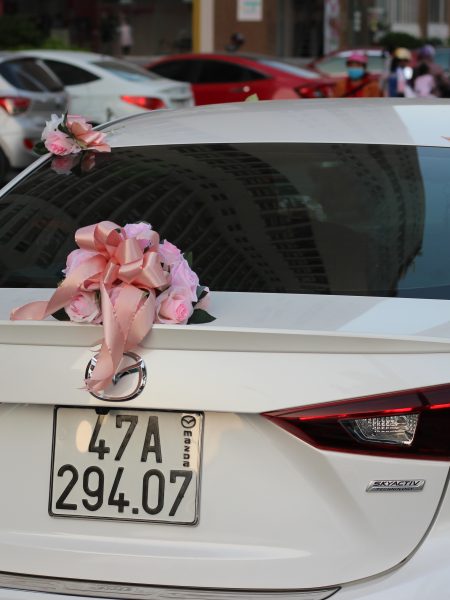 Bộ hoa xe cưới bằng lụa cụm hoa hồng phấn sang trọng mã XHG-097 (7)