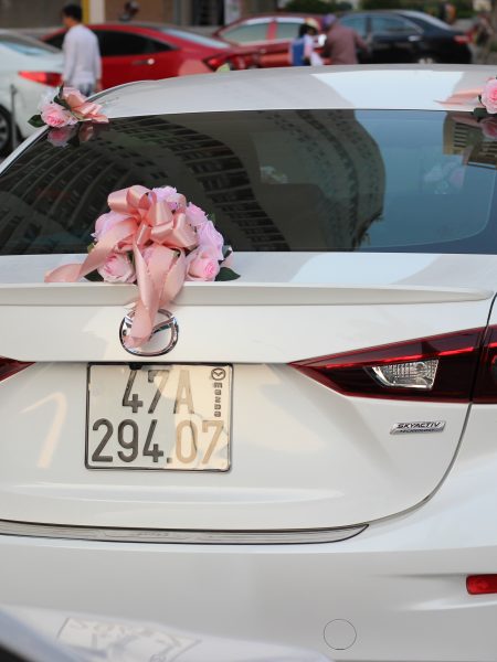 Bộ hoa xe cưới bằng lụa cụm hoa hồng phấn sang trọng mã XHG-097 (9)