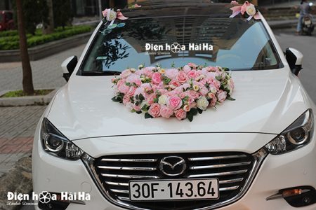 Bộ hoa xe cưới bằng lụa trái tim hồng cao cấp mã XHG-052 sang trọng (2)