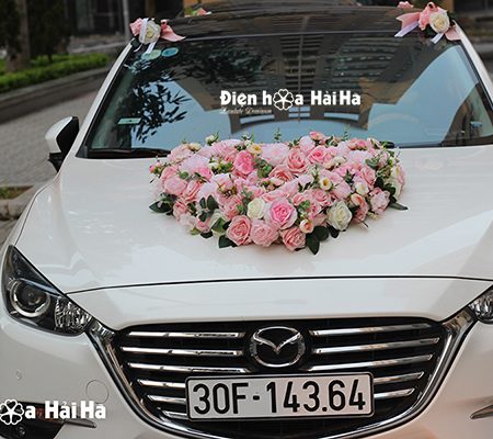 Bộ hoa xe cưới bằng lụa trái tim hồng cao cấp mã XHG-052 sang trọng (2)