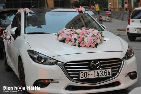 Bộ hoa xe cưới bằng lụa trái tim hồng cao cấp mã XHG-052 sang trọng (5)