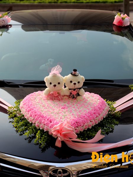 Hoa giả trang trí xe cưới tphcm hồng phấn tường vi song hỷ mã XHG-064