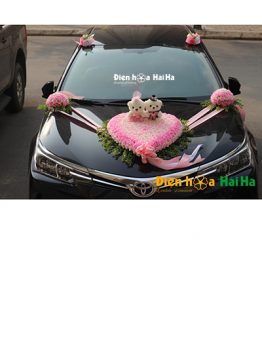 Hoa giả trang trí xe cưới tphcm hồng phấn tường vi song hỷ mã XHG-064 (1)