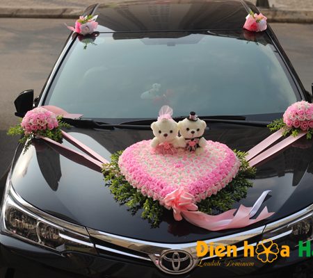 Hoa giả trang trí xe cưới tphcm hồng phấn tường vi song hỷ mã XHG-064 (3)