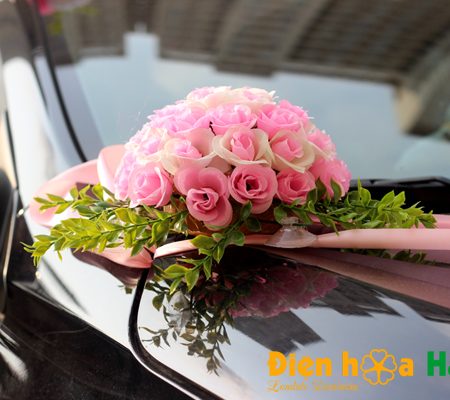 Hoa giả trang trí xe cưới tphcm hồng phấn tường vi song hỷ mã XHG-064 (6)