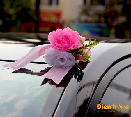 Hoa giả trang trí xe cưới tphcm hồng phấn tường vi song hỷ mã XHG-064 (7)