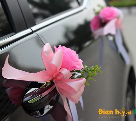 Hoa giả trang trí xe cưới tphcm hồng phấn tường vi song hỷ mã XHG-064 (8)