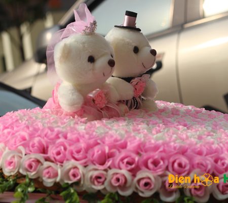 Hoa giả trang trí xe cưới tphcm hồng phấn tường vi song hỷ mã XHG-064 (9)