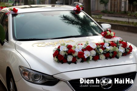 Hoa lụa trang trí xe cưới dải hồng đỏ trắng hiện đại XHG-081 sang trọng (3)