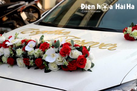 Hoa lụa trang trí xe cưới dải hồng đỏ trắng hiện đại XHG-081 sang trọng (6)