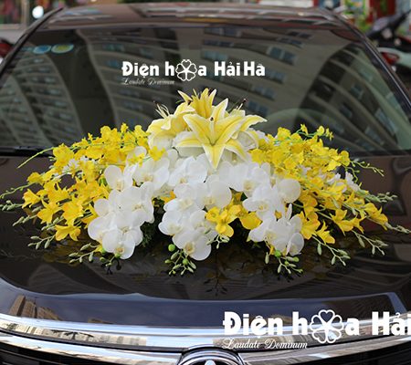 Mua hoa giả trang trí xe hoa cụm hoa lan vàng hồ điệp (5)