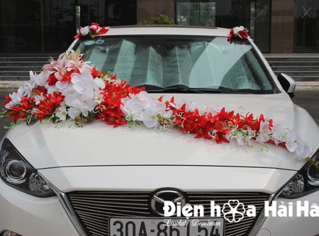 Trang trí xe cưới bằng hoa giả sao biển đỏ hồ điệp mẫu hiện đại (2)