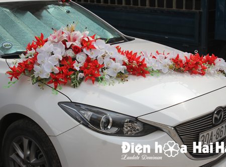 Trang trí xe cưới bằng hoa giả sao biển đỏ hồ điệp mẫu hiện đại (3)
