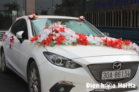 Trang trí xe cưới bằng hoa giả sao biển đỏ hồ điệp mẫu hiện đại (4)