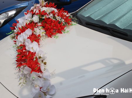 Trang trí xe cưới bằng hoa giả sao biển đỏ hồ điệp mẫu hiện đại (5)