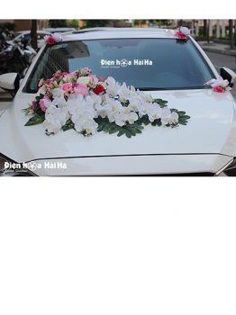 Trang trí xe cưới bằng hoa lụa mẫu đơn hồ điệp trắng mã XHG-054 đẹp (1)