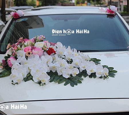 Trang trí xe cưới bằng hoa lụa mẫu đơn hồ điệp trắng mã XHG-054 đẹp (2)