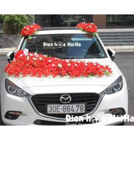 hoa giả trang trí xe cưới tphcm lan đỏ sang trọng