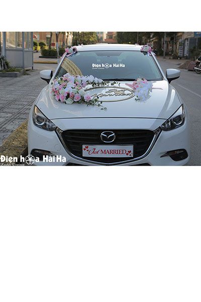 Trang trí xe cô dâu bằng hoa lụa VIP hồ điệp trắng