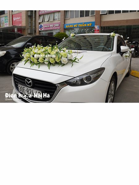 Bộ hoa giả trang trí xe cưới hoa hồng xanh lá cây hiện đại