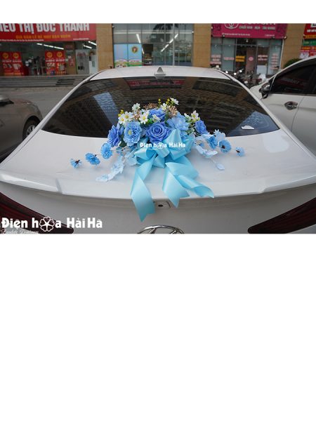 Hoa giả kết xe cưới bằng lụa Khổng Tước xanh viên mãn