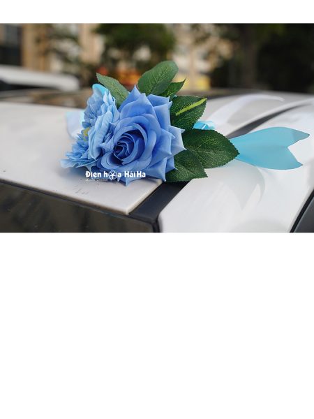 Hoa giả kết xe cưới bằng lụa Khổng Tước xanh viên mãn