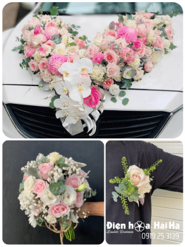 (SET21) Hoa trang trí xe cưới mầu hồng kem - Đồng Lòng