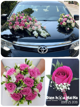 (SET30) Hoa trang trí xe cưới mầu hồng thẫm- Lộng Lẫy