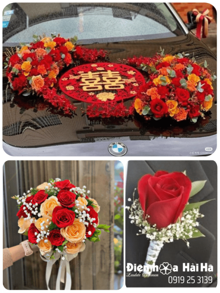 (SET50) Xe hoa cưới mầu đỏ cam - Mãn Phúc