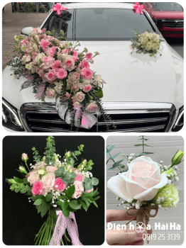 (SET51) Hoa trang trí xe cưới mầu trắng hồng - Vĩnh Cửu